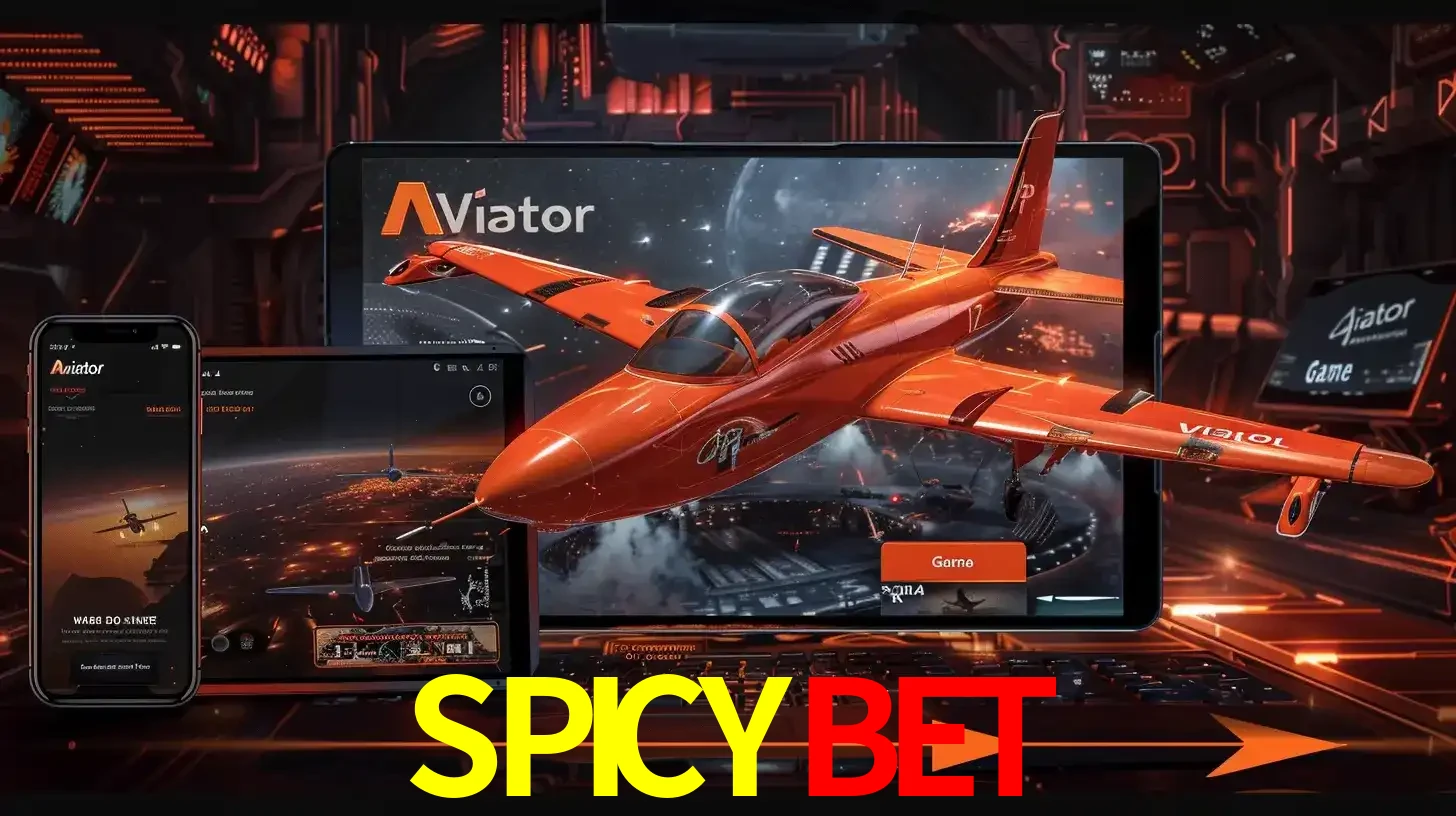 Apresentação tecnológica do jogo Aviator com um avião saindo da tela de um tablet, demonstrando a experiência imersiva em múltiplos dispositivos no SPICYBET.
