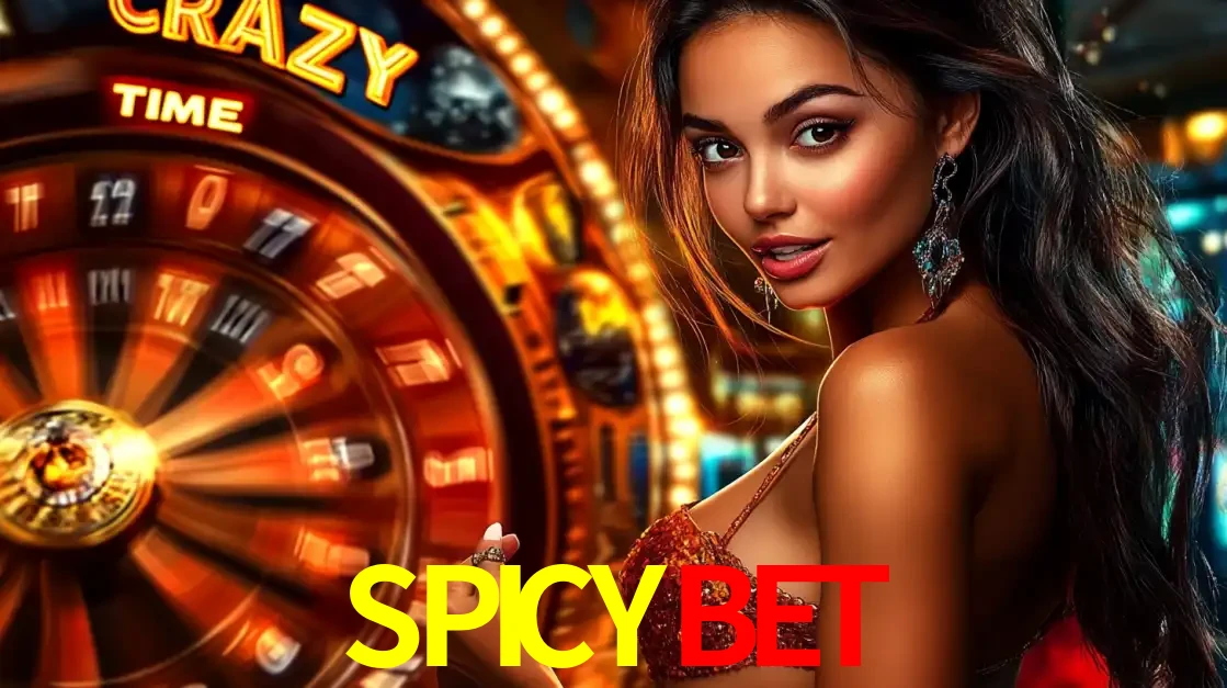 Mulher ao lado da roda de prêmios do jogo de cassino ao vivo Crazy Time, um dos shows de jogos mais emocionantes oferecidos pela plataforma de apostas SPICYBET.