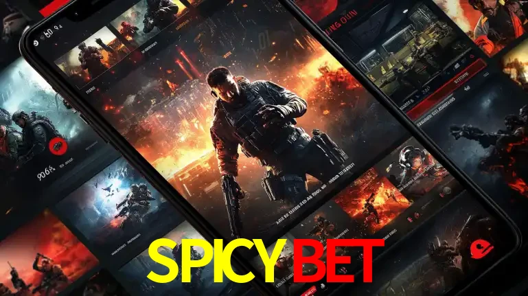 Tela de um celular exibindo uma galeria de jogos de tiro com temática militar, mostrando a variedade de e-sports disponíveis para apostas na plataforma de entretenimento SPICYBET.