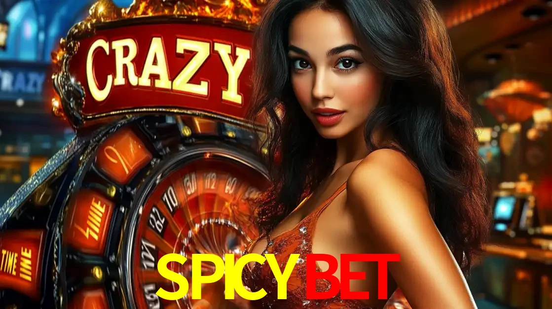 Mulher glamourosa olhando para a câmera com a roda vermelha do Crazy Time ao fundo em um ambiente de cassino, destacando a emoção dos jogos ao vivo no SPICYBET.