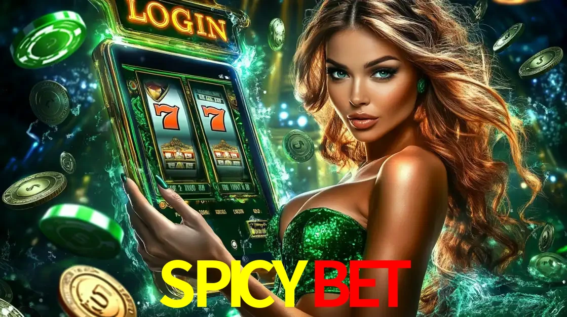 Mulher com tema verde apresentando o aplicativo do cassino SPICYBET com um jogo de slot de 777, cercada por fichas de cassino e uma aura de sorte.