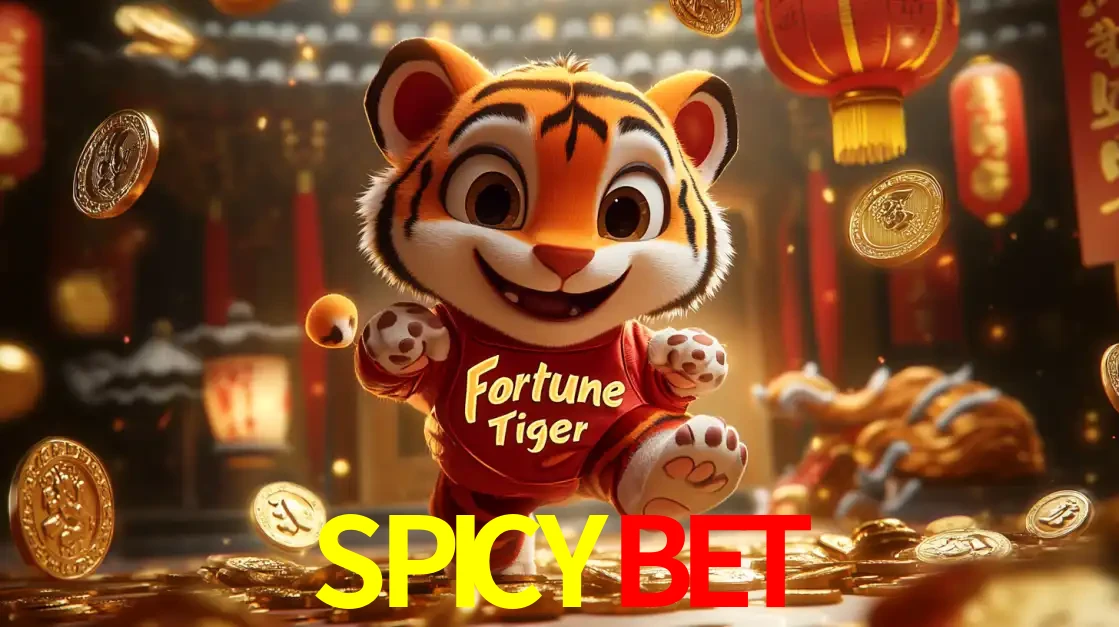 O alegre personagem do Fortune Tiger correndo sobre um caminho de moedas de ouro, simbolizando os grandes prêmios e a diversão do popular jogo de slot do SPICYBET.