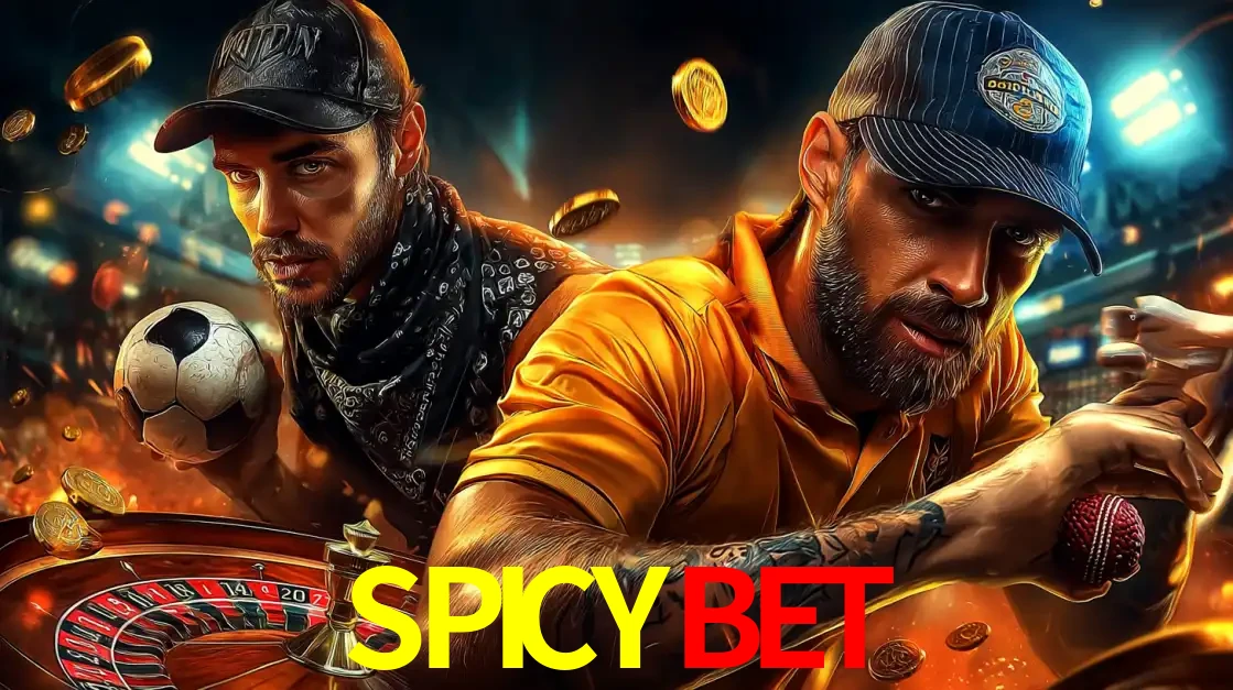 Montagem de apostas esportivas e cassino no SPICYBET, com um homem segurando uma bola de futebol e outro uma de beisebol sobre uma roleta e moedas voadoras.