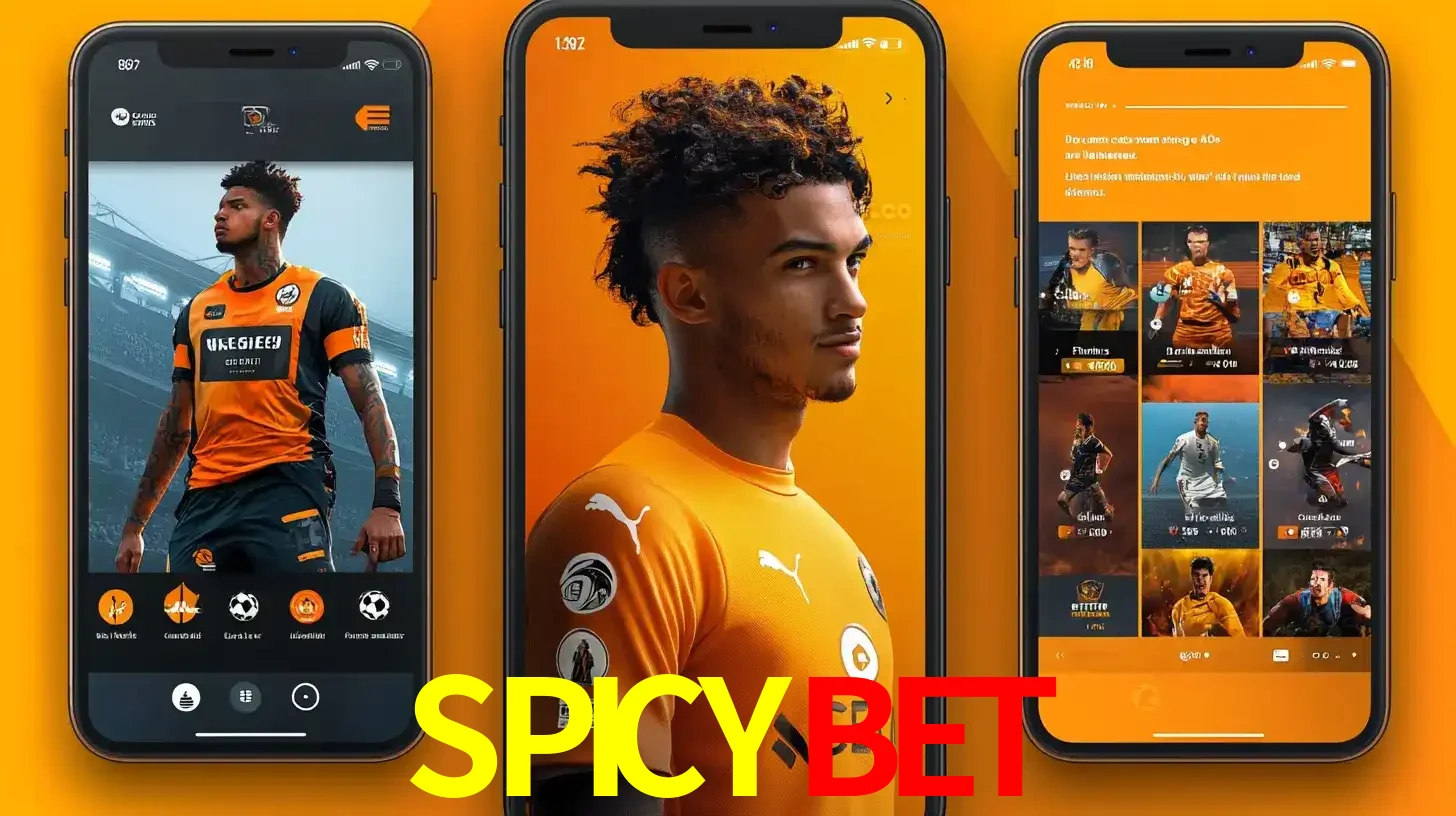 Interface do aplicativo de apostas esportivas SPICYBET em três telas de celular, mostrando o perfil de um jogador de futebol e a lista de jogos disponíveis para apostar.
