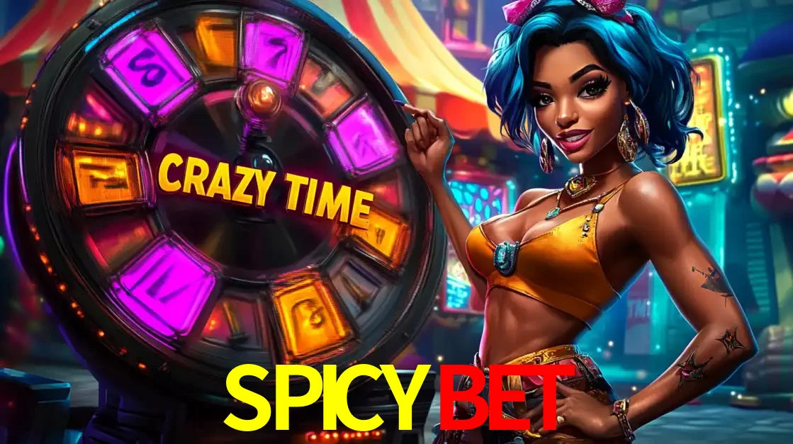 Mulher estilizada com cabelo azul e visual vibrante posando ao lado da roda de prêmios do game show Crazy Time, convidando para a diversão e os bônus do cassino SPICYBET.