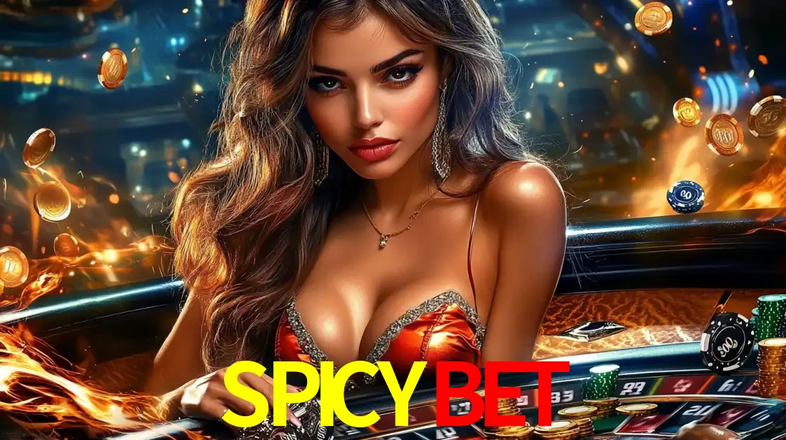 Mulher glamourosa em uma mesa de roleta com um fundo de chamas e moedas voadoras, pronta para fazer sua aposta e ganhar grandes prêmios no cassino ao vivo SPICYBET.