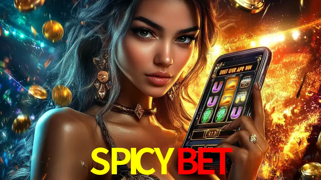 Mulher elegante mostrando um jogo de caça-níqueis em seu smartphone, destacando a experiência de cassino móvel oferecida pelo aplicativo SPICYBET.