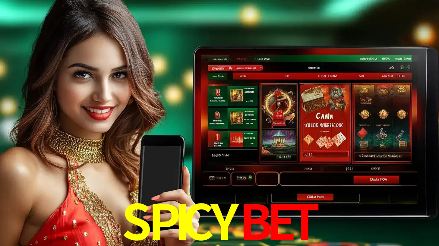 Mulher sorridente segurando um smartphone, ao lado de uma tela exibindo o lobby de jogos do cassino online SPICYBET, com várias opções de jogos de cartas e slots.
